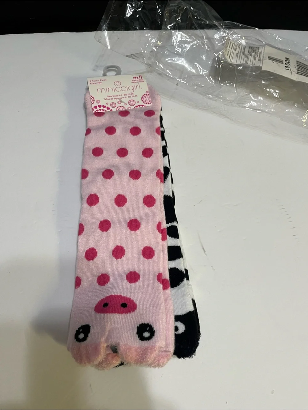 Minicci Kids Pink Polka Dot & Black Cow Face Crew Socks - 2 Pack